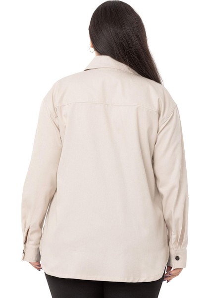 Büyük Beden Kapaklı Cepli Çıtçıtlı Gabardin Bej Rengi Ceket Gömlek modelleri