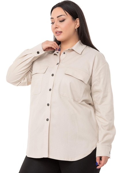 Büyük Beden Kapaklı Cepli Çıtçıtlı Gabardin Bej Rengi Ceket Gömlek fırsatları