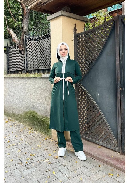 Kapşonlu Fermuarlı Belden Beyaz Bağcıklı Sade Basic Ikili Spor Takımı - 36578 - Nefti