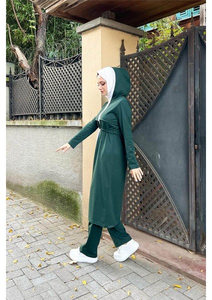 Kapşonlu Fermuarlı Belden Beyaz Bağcıklı Sade Basic Ikili Spor Takımı - 36578 - Nefti