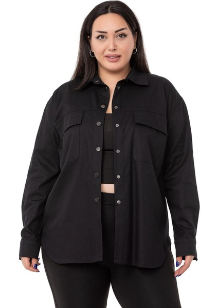 Büyük Beden Kapaklı Cepli Çıtçıtlı Gabardin Siyah Ceket Gömlek