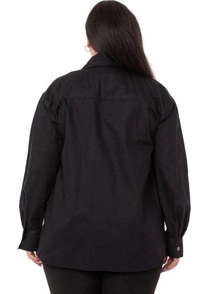 Büyük Beden Kapaklı Cepli Çıtçıtlı Gabardin Siyah Ceket Gömlek modelleri