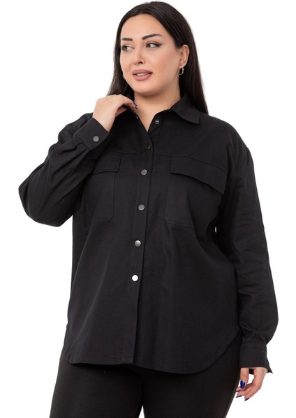 Büyük Beden Kapaklı Cepli Çıtçıtlı Gabardin Siyah Ceket Gömlek indirimleri