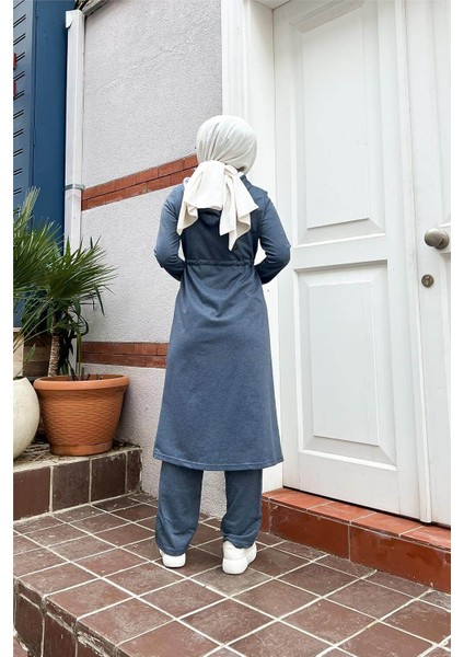 Kapşonlu Fermuarlı Belden Beyaz Bağcıklı Sade Basic Ikili Spor Takımı - 36583 - Indigo