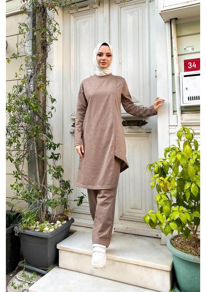 Kruvaze Bisiklet Yaka Sade Basic Tunik Panolon ikili takım - 03076 - Vizon
