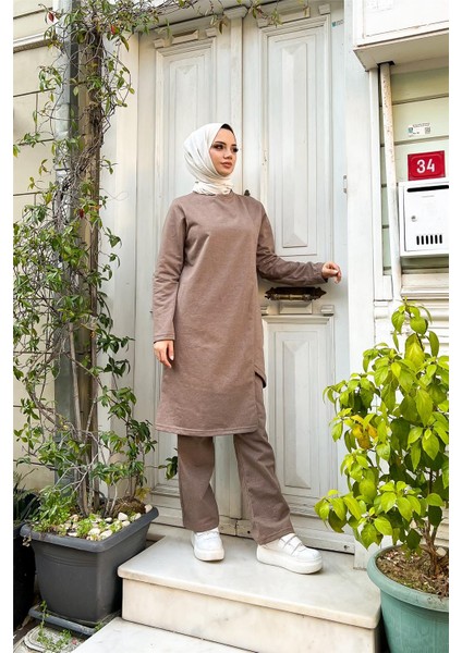 Kruvaze Bisiklet Yaka Sade Basic Tunik Panolon ikili takım - 03076 - Vizon