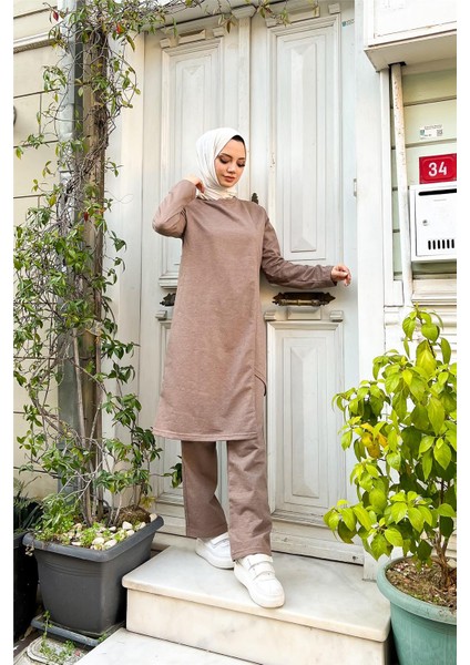 Kruvaze Bisiklet Yaka Sade Basic Tunik Panolon ikili takım - 03076 - Vizon