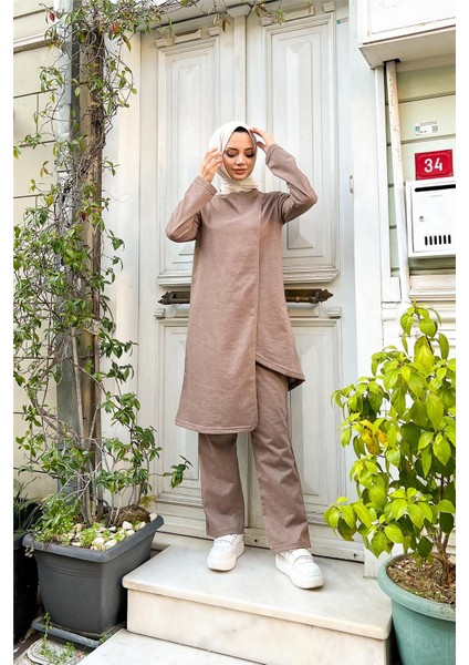 Kruvaze Bisiklet Yaka Sade Basic Tunik Panolon ikili takım - 03076 - Vizon