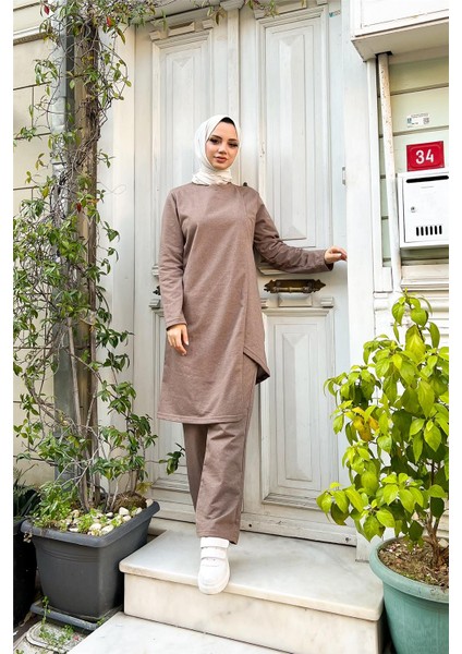 Kruvaze Bisiklet Yaka Sade Basic Tunik Panolon ikili takım - 03076 - Vizon
