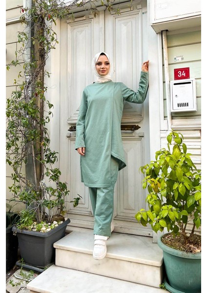Kruvaze Bisiklet Yaka Sade Basic Tunik Panolon ikili takım - 03076 - Çağla Yeşili