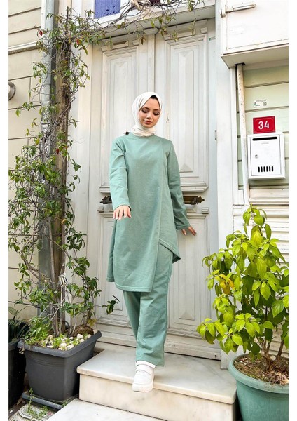 Kruvaze Bisiklet Yaka Sade Basic Tunik Panolon ikili takım - 03076 - Çağla Yeşili