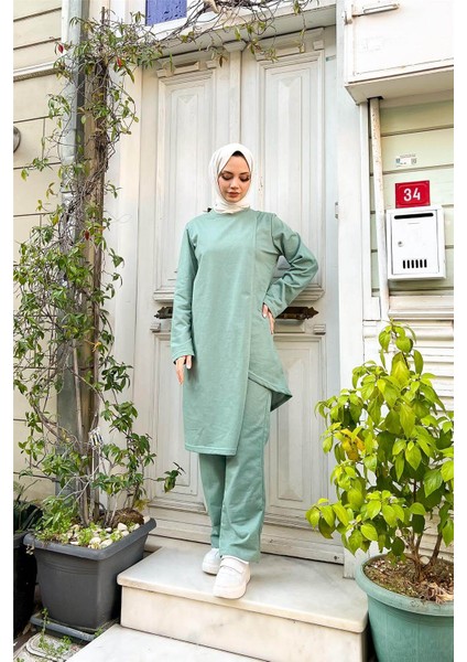 Kruvaze Bisiklet Yaka Sade Basic Tunik Panolon ikili takım - 03076 - Çağla Yeşili