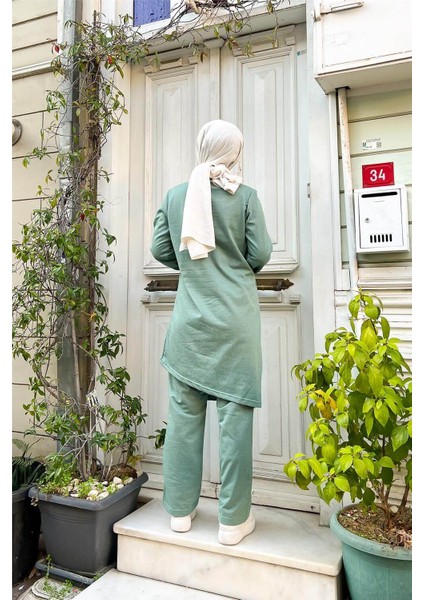 Kruvaze Bisiklet Yaka Sade Basic Tunik Panolon ikili takım - 03076 - Çağla Yeşili