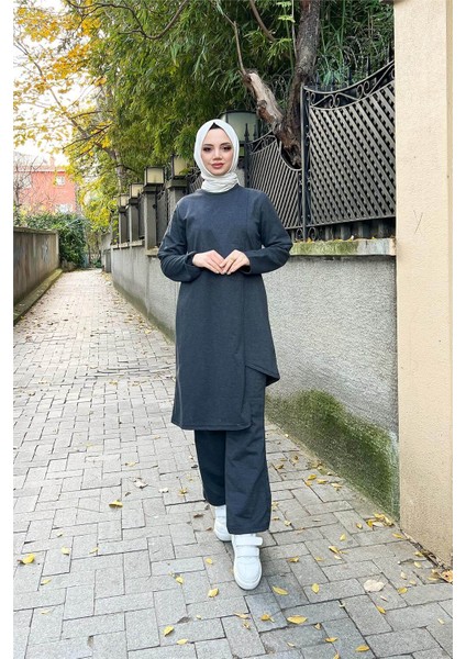 Kruvaze Bisiklet Yaka Sade Basic Tunik Panolon ikili takım - 03076 - Antrasit