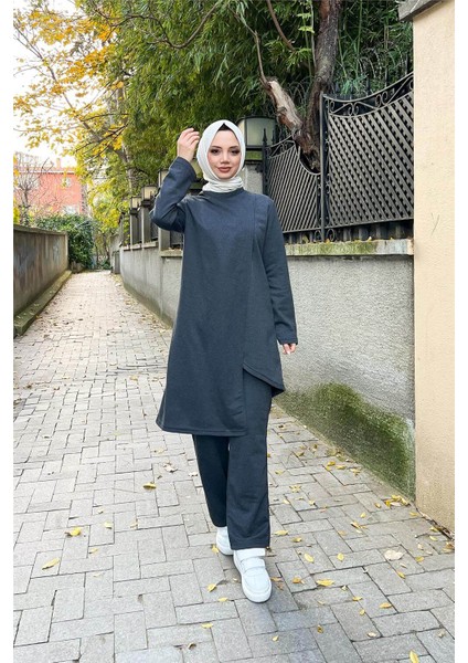 Kruvaze Bisiklet Yaka Sade Basic Tunik Panolon ikili takım - 03076 - Antrasit