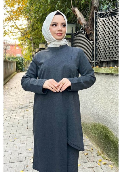 Kruvaze Bisiklet Yaka Sade Basic Tunik Panolon ikili takım - 03076 - Antrasit