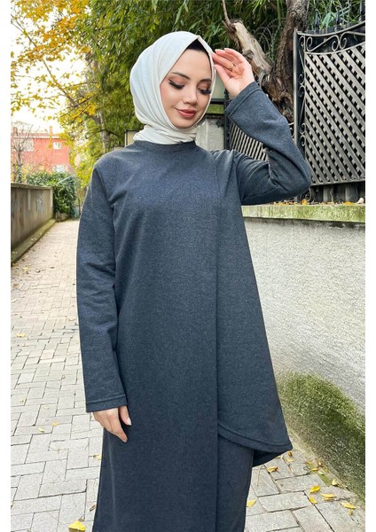 Kruvaze Bisiklet Yaka Sade Basic Tunik Panolon ikili takım - 03076 - Antrasit