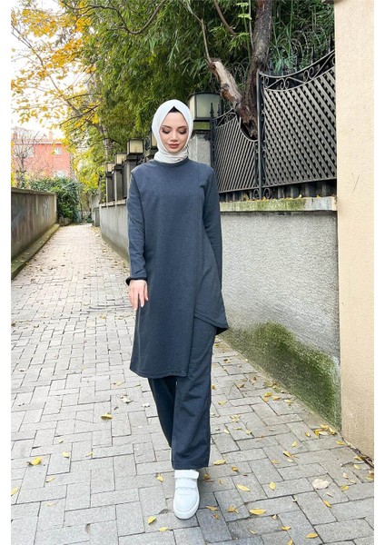 Kruvaze Bisiklet Yaka Sade Basic Tunik Panolon ikili takım - 03076 - Antrasit