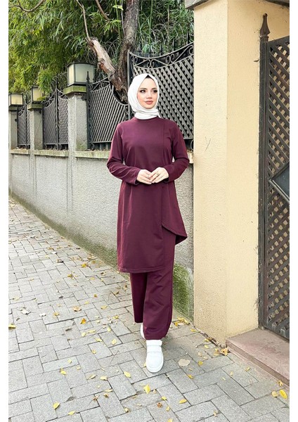Kruvaze Bisiklet Yaka Sade Basic Tunik Panolon ikili takım - 03076 - Mürdüm