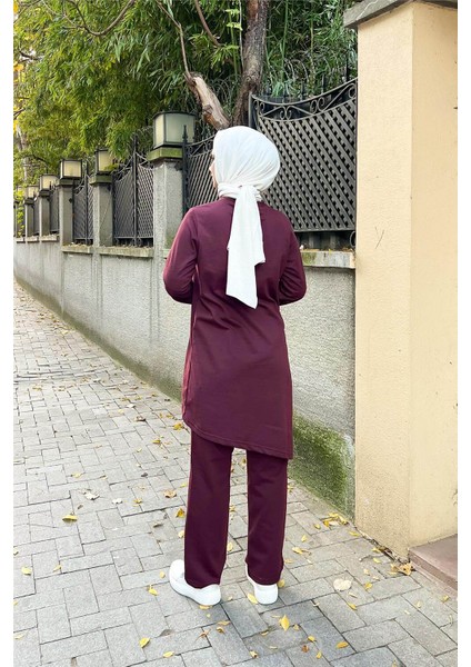 Kruvaze Bisiklet Yaka Sade Basic Tunik Panolon ikili takım - 03076 - Mürdüm