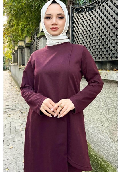 Kruvaze Bisiklet Yaka Sade Basic Tunik Panolon ikili takım - 03076 - Mürdüm
