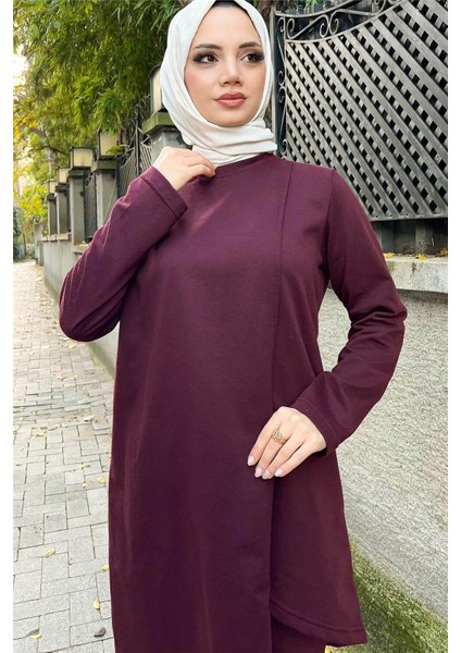 Kruvaze Bisiklet Yaka Sade Basic Tunik Panolon ikili takım - 03076 - Mürdüm