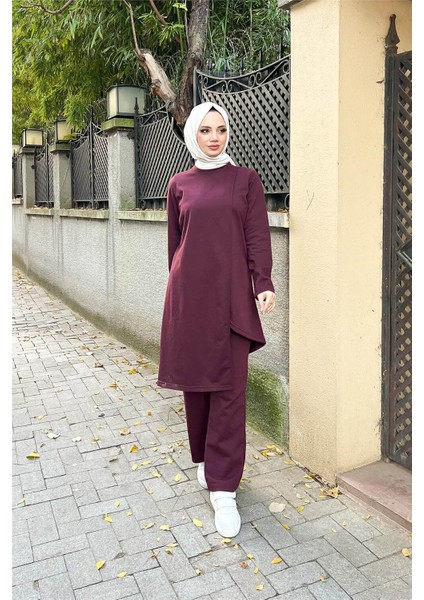 Kruvaze Bisiklet Yaka Sade Basic Tunik Panolon ikili takım - 03076 - Mürdüm