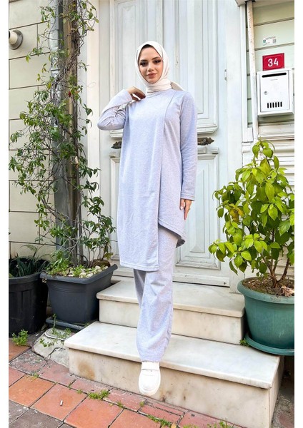 Kruvaze Bisiklet Yaka Sade Basic Tunik Panolon ikili takım - 03076 - Gri