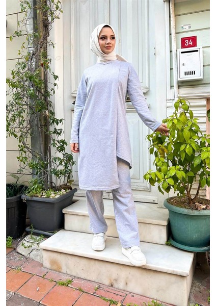 Kruvaze Bisiklet Yaka Sade Basic Tunik Panolon ikili takım - 03076 - Gri