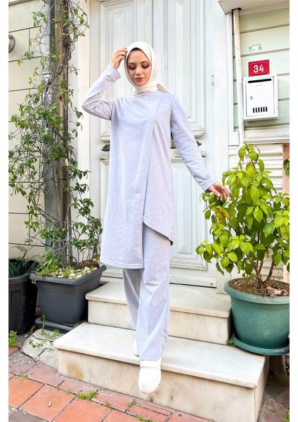 Kruvaze Bisiklet Yaka Sade Basic Tunik Panolon ikili takım - 03076 - Gri