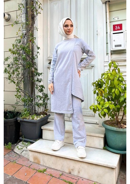 Kruvaze Bisiklet Yaka Sade Basic Tunik Panolon ikili takım - 03076 - Gri
