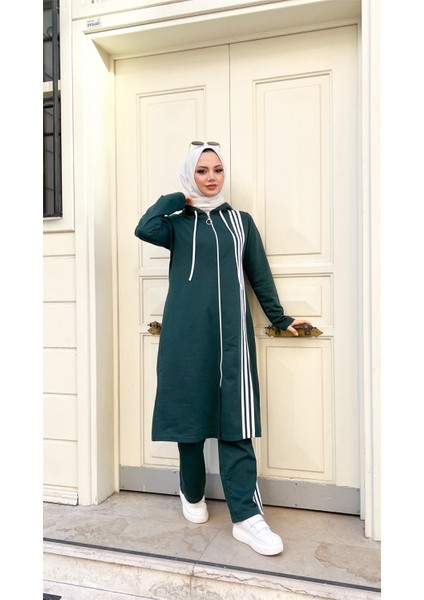 Fermuarlı Kapşonlu Uzun Tunik Pantolon Ikili Tesettür Eşofman Takımı - 03077 - Nefti