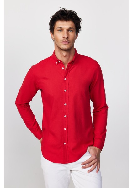 Slim Fit Uzun Kol Biyeli Yaka Düğmeli Keten Kırmızı Erkek Gömlek