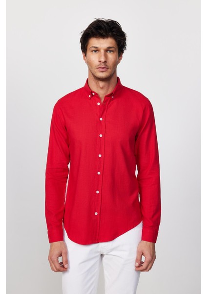 Slim Fit Uzun Kol Biyeli Yaka Düğmeli Keten Kırmızı Erkek Gömlek modelleri