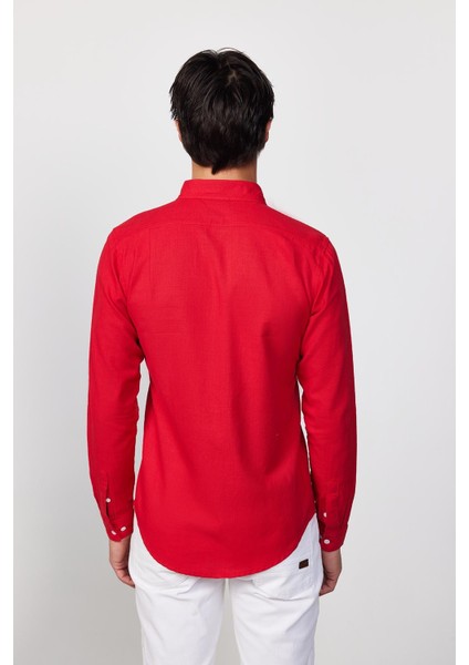 Slim Fit Uzun Kol Biyeli Yaka Düğmeli Keten Kırmızı Erkek Gömlek indirimleri