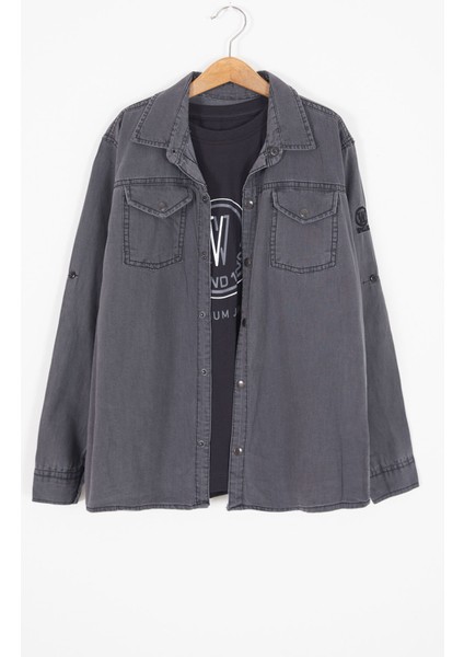 Füme Yazı Baskılı Jean Gömlekli T-Shirt Erkek Çocuk 2li Takım 17569