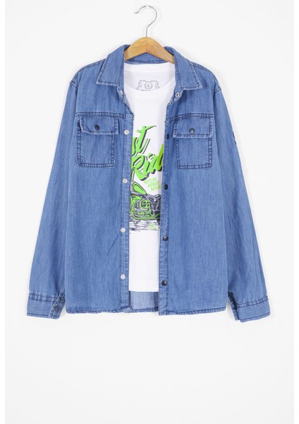 Yeşil Ride Baskılı Jean Gömlekli T-Shirt Erkek Çocuk 2li Takım 17568