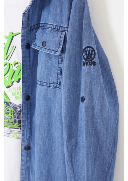 Yeşil Ride Baskılı Jean Gömlekli T-Shirt Erkek Çocuk 2li Takım 17568 modelleri