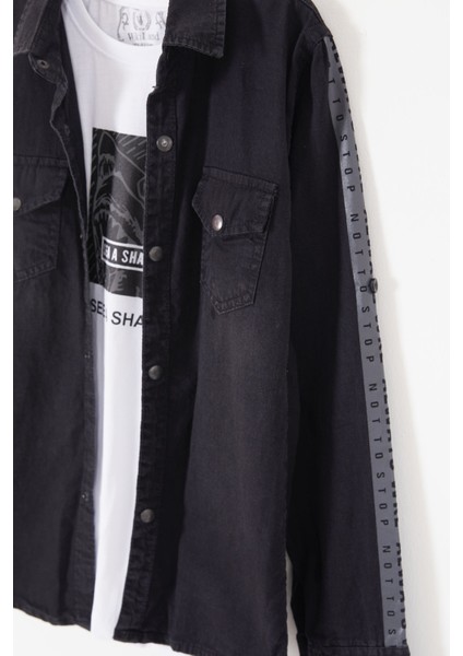Siyah Shark Baskılı Jean Gömlekli T-Shirt Erkek Çocuk 2li Takım 17574 modelleri