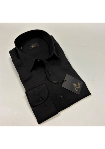 Slimfit Siyah Pamuk Saten Klasik Yaka Gömlek