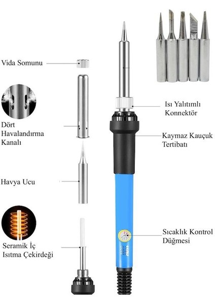 x 60W Sıcaklık Ayarlanabilir Kalem Havya Lehim Makinası ve Havya Ucu