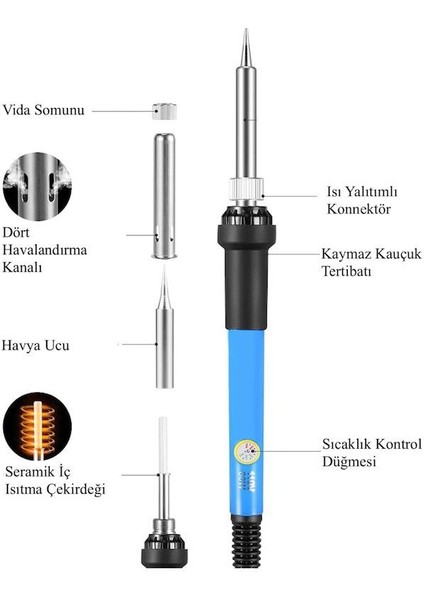 x 60W Sıcaklık Ayarlanabilir Kalem Havya Lehim Makinası ve Havya Ucu