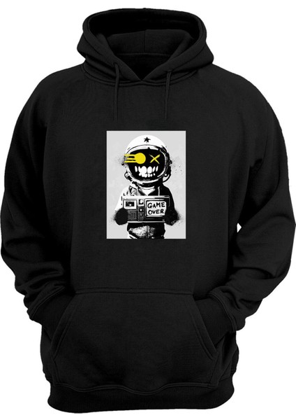 Unisex Robot Game Over Baskılı Siyah Normal Kalıp Şardonlu Kalın Sweatshirt