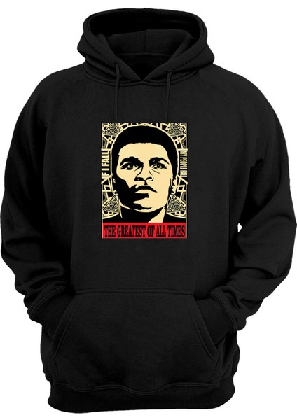 Unisex Muhammed Ali Baskılı Siyah Normal Kalıp Şardonlu Kalın Sweatshirt