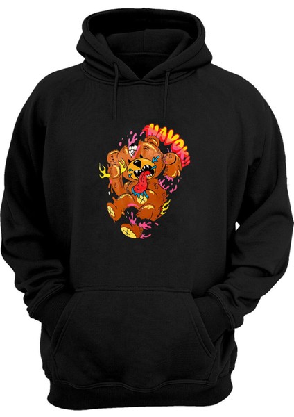 Unisex Havok Bear Baskılı Siyah Normal Kalıp Şardonlu Kalın Sweatshirt