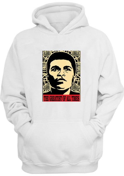 Unisex Muhammed Ali Baskılı Beyaz Normal Kalıp Şardonlu Kalın Sweatshirt