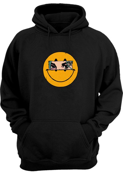 Unisex Smiley Anime Gözler Baskılı Siyah Normal Kalıp Şardonlu Kalın Sweatshirt