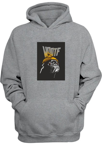 Unisex Wootf Sarı Bereli Dog Baskılı Gri Normal Kalıp Şardonlu Kalın Sweatshirt