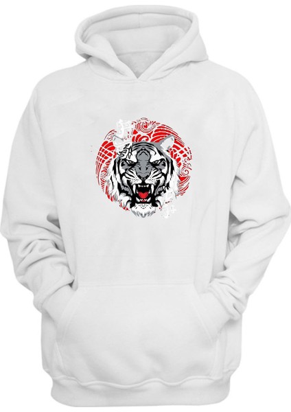 Unisex Kaplan Kafası Baskılı Beyaz Normal Kalıp Şardonlu Kalın Sweatshirt