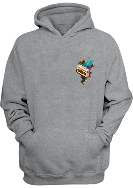 Unisex Renkli Radyo Baskılı Gri Normal Kalıp Şardonlu Kalın Sweatshirt